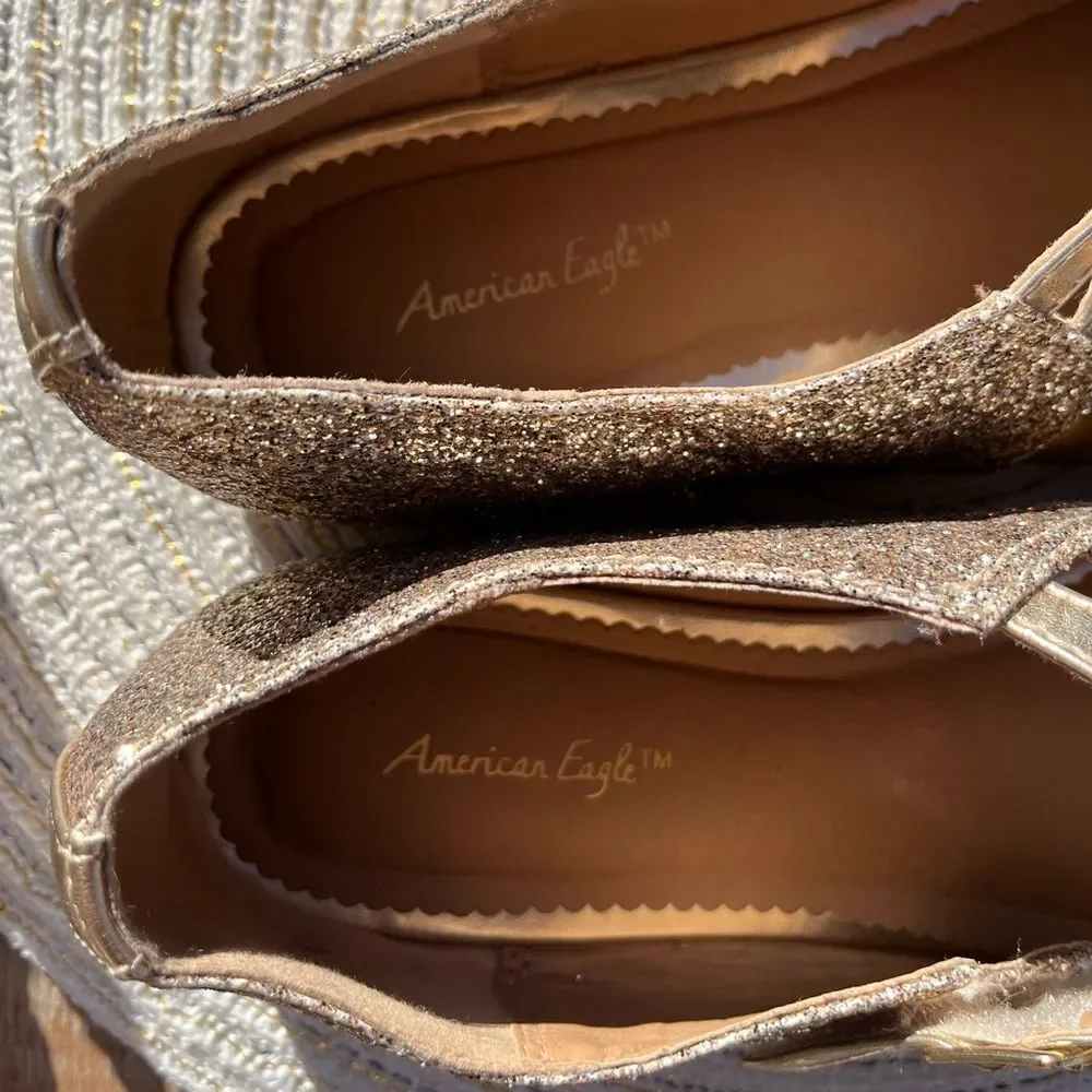 🔥4/$25 American Eagle Girls Gold Metallic Glitter Mary Jane Flats Size 5